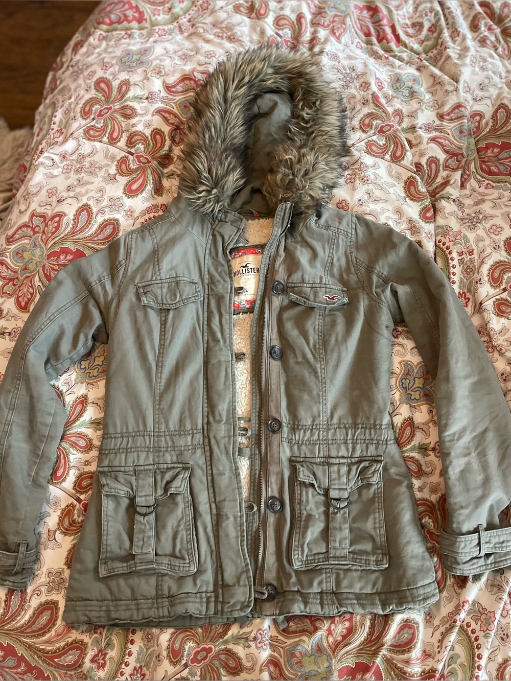 Hollister Y2K Vintage Olive Parka Furry Hood Large EUC!!!!
